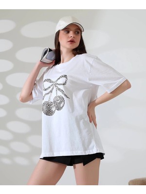 Zengezur Mall Snmswrld Leopar Desenli Kiraz Baskılı Tişört Beyaz (Beden: Xl)