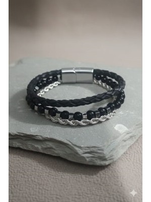 Lia Charm Hematit Doğal Taş 3’lü Deri Erkek Bileklik | Şık & Erkek Takı