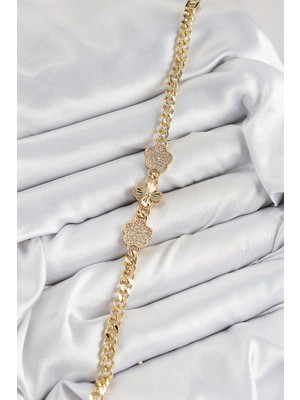 Calperia Pirinç Zirkon Taşlı Yonca Model Gold Renk Kadın Bileklik - TJ-BB7547