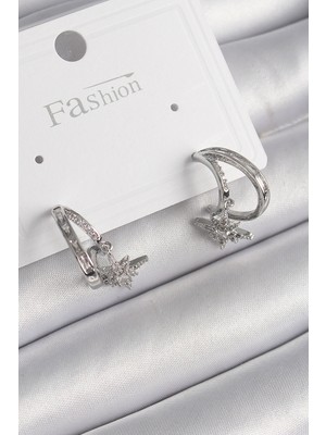 Calperia Pirinç Gümüş Renk Zirkon Taşlı Halka Model Sallantı Yıldız Detay Kadın Küpe - TJ-BKP9990