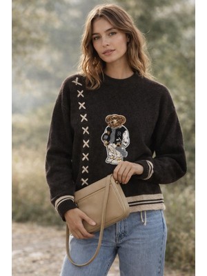 Asl Woman Ayıcık Nakışlı Oversize Triko Kazak – Bisiklet Yaka, Desenli Kadın Kazak