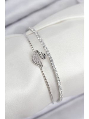 Calperia Pirinç Zirkon Taşlı Kuğu Model Gümüş Renk Kadın Bileklik - TJ-BB7890
