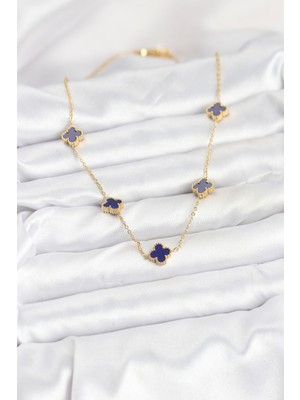 Calperia 316L Çelik Zincir Gold Renk Lacivert Baby Boy Yonca Kadın Kolye - TJ-BKO10573
