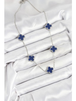 Calperia 316L Çelik Zincir Gümüş Lacivert Renk Yonca Kadın Kolye - TJ-BKO10587