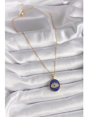Calperia 316L Çelik Gold Renk Zincir Mavi Mineli Zirkon Taşlı Göz Işleme Kadın Kolye - TJ-BKO9505