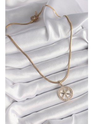 Calperia 316L Çelik Gold Renk Italyan Zincir Zirkon Taşlı Kutup Yıldız Model Kadın Kolye - TJ-BKO9595