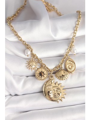 Calperia 316L Çelik Gold Renk Ay Güneş Figür Deniz Kabuğu Detay Kadın Kolye - TJ-BKO9913