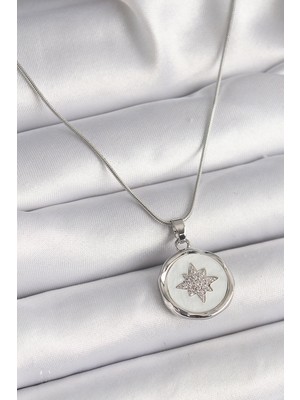 Calperia 316L Çelik Gümüş Renk Zincir Beyaz Sedefli Zirkon Taşlı Yıldız Işleme Model Kadın Kolye - TJ-BKO9635