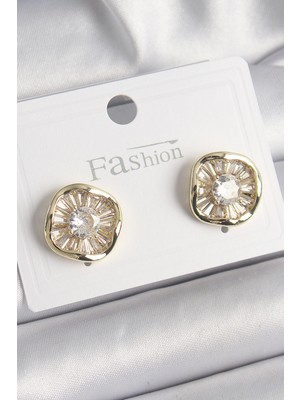 Calperia Pirinç Gold Renk Zirkon Taşlı Yonca Model Kadın Küpe - TJ-BKP9850