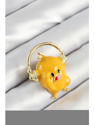 Calperia 3D Kulaklıklı Sarı Civciv Figürlü Gold Renk Kadın Broş - TJ-BR446