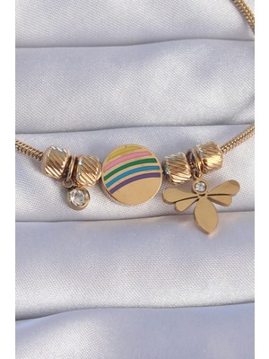 Calperia 316L Çelik Gold Renk Zirkon Taşlı Gökkuşağı Tasarımlı Yusufçuk Bileklik - TJ-BB6204