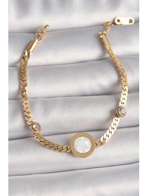 Calperia 316L Çelik Gold Renk Yassı Zincir Model Zirkon Taş Detaylı Beyaz Mineli Madalyon Model Kadın Bileklik - TJ-BB6732