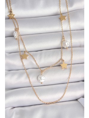 Calperia 316L Çelik Gold Renk 2'li Zincir Sallantı Yıldız Inci Model Kadın Kolye - TJ-BKO10110