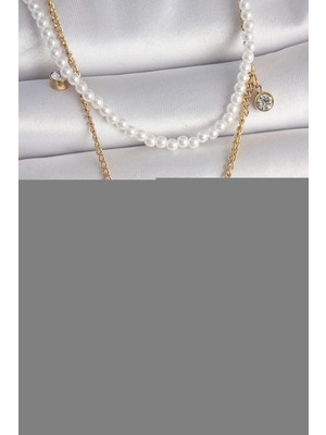 Calperia 316L Çelik Gold Renk 2'li Inci Zincir Model Pembe Taşlı Kalp Figür Nazar Boncuk Detay Kadın Kolye - TJ-BKO10112