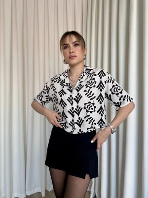 Zengezur Mall Snmswrld Siyah Beyaz Baskılı Crop Gömlek (Beden: L)