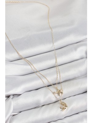 Calperia Pirinç Zirkon Taşlı Yıldız ve Ay Model Gold Renk Kadın Kolye - TJ-BKO10422