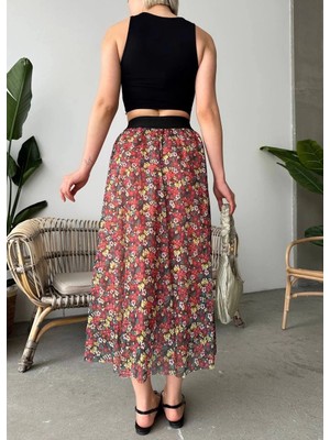 Zengezur Mall Snmswrld Baskılı Astarlı Uzun Etek Kırmızı (Beden: S)