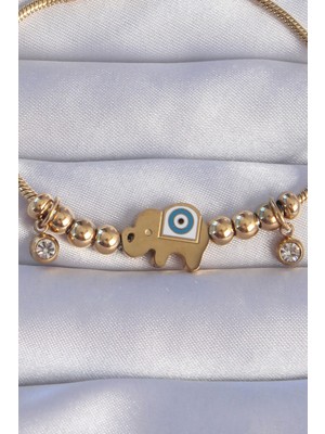 Calperia 316L Çelik Gold Renk Zirkon Taşlı Nazarlı Fil Tasarımlı Bileklik - TJ-BB6202