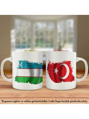 Asilmeydan Çift Yön Baskılı Özbekistan Bayrağı ve Türkiye Bayrağı Kupa Bardak