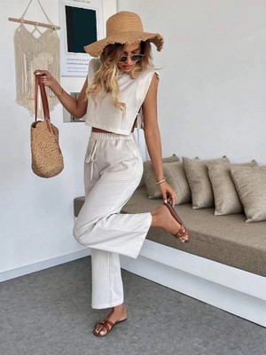 Zengezur Mall Snmswrld Yan Bağlama Detaylı Pantolonlu Takım Bej (Beden: M)