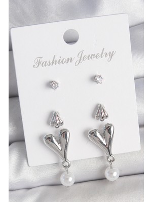 Calperia Pirinç Gümüş Renk Zirkon Taşlı Sallantılı Kalp Model 3 Çift Kadın Küpe Seti - TJ-BKP10590