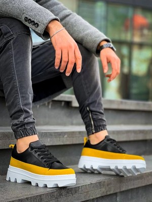 Flamex KB-056 Kuback Siyah Sarı Detaylı Beyaz Yüksek Taban Günlük Spor Ayakkabı