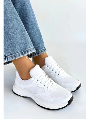 Flamex Slar Beyaz Cilt Bağcıklı Spor Ayakkabı