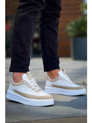 Flamex KB-006 Kuback Beyaz Cilt Bej Süet  Yüksek Taban Bağcıklı Günlük Erkek Ayakkabı