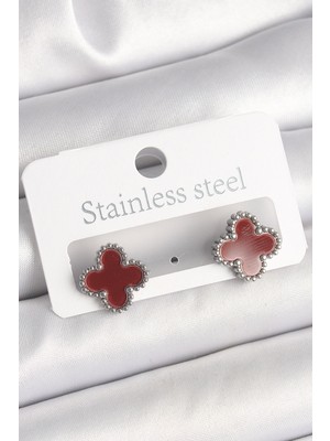 Calperia Pirinç Gümüş Renk Bordo Yonca Model Kadın Küpe - TJ-BKP10359