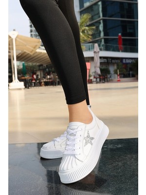 Flamex Piata Beyaz Cilt Bağcıklı Spor Ayakkabı