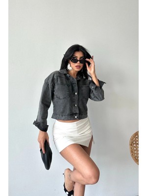 Flamex Çift Cepli Kol Katlamalı Süper Taş Enzim Yıkama Crop Kot Ceket Füme D2000