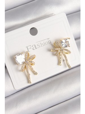 Calperia Pirinç Gold Renk Zirkon Taşlı Kurdele Model Kadın Küpe - TJ-BKP9776