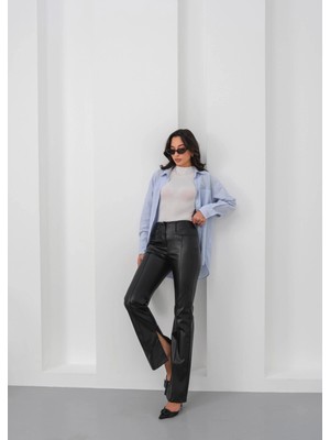 Flamex Ispanyol Yırtmaçlı Paça Deri Pantolon Siyah Hn