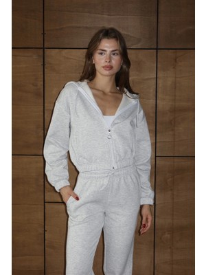 Flamex 3 Iplik Şardonlu Kapşonlu Fermuarlı Kısa Üst Gri PAT8590