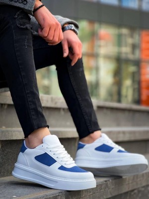 Flamex Kb-X8 Kuback Beyaz Cilt Mavi Süet Detaylı Beyaz Yüksek Taban Günlük Spor Ayakkabı