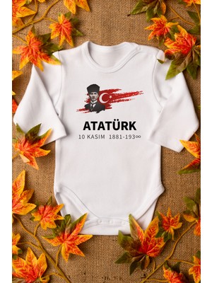 Overoz Atatürk 10 Kasım Baskılı Uzun Kollu Beyaz Bebek Body Zıbın 5119