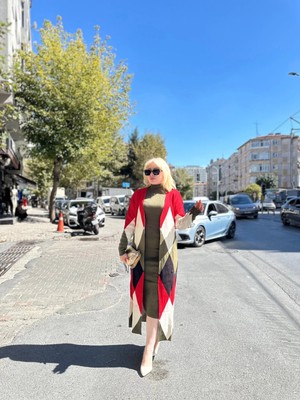 Flamex Uzun Hırka Içi Elbise Ikili Triko Takım Ekose Baklava Desen Haki Kırmızı