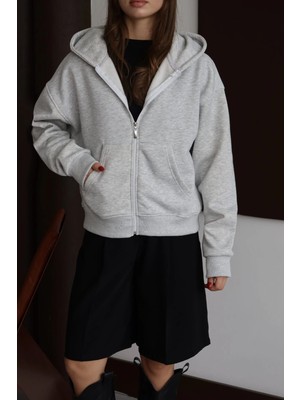 Flamex 3 Iplik Şardonlu Kapşonlu Hoodie Frm Gri P510437