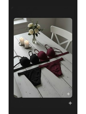 Trend Dokunuş Kadın 2'li Istiridye Model Bordo-Siyah Saten Şeritli Tül Detaylı Dolgulu Sütyen Külot Takımı