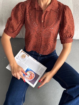 Zengezur Mall Snmswrld Brodeli Crop Gömlek S1023 Kahve (Beden: M)