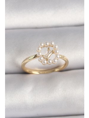 Calperia Pirinç Gold Renk Zirkon Taş Detaylı Incili Ayarlanabilir Yüzük - TJ-BYK3541