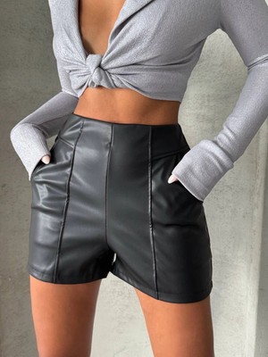 Zengezur Mall Snmswrld Parçalı Cepli Deri Şort Siyah W26312 (Beden: Xl)