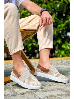 Flamex KB-114  Kuback Bej Taba Triko Yüksek Taban Bağcıksız Günlük Erkek Ayakkabı