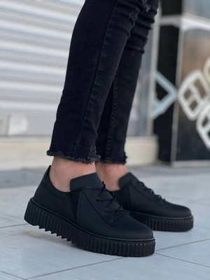 Flamex KB-X502  Kuback Siyah Cilt Yüksek Siyah Taban Bağcık Detaylı Lastikli Günlük Erkek Ayakkabı