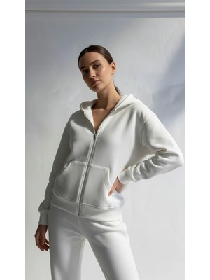 Flamex 3 Iplik Şardonlu Kapşonlu Hoodie Frm Beyaz P510437