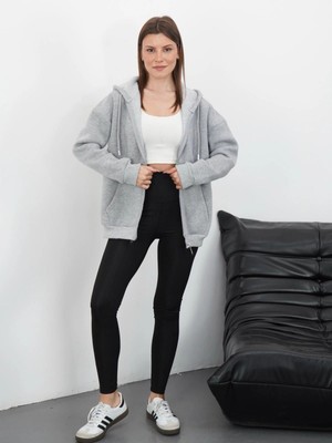 Flamex 3 Iplik Şardonlu Fermuarlı Kapşonlu Hırka Gri