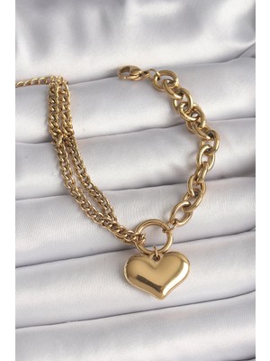 Calperia 316L Çelik Gold Renk 2'li Zincir Model Kalp Figür Kadın Bileklik - TJ-BB6727