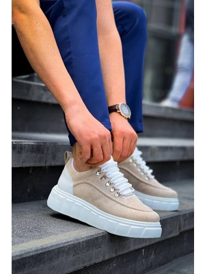 Flamex KB-X10 Kuback Bej Süet Beyaz Yüksek Taban Günlük Spor Ayakkabı
