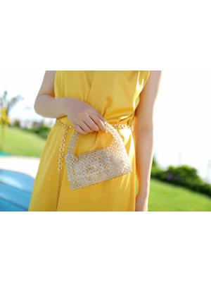 Flamex El Yapımı Incili El Çantası Kapaklı Krem