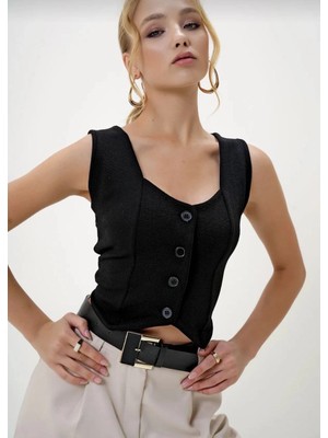 Zengezur Mall Snmswrld Krep Kumaş Düğmeli Yelek Siyah S3395 (Beden: Xl)